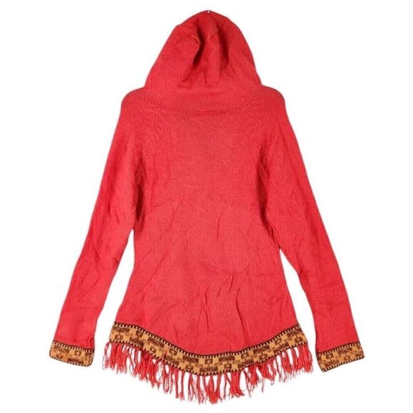 Scully Alpaca Blend Knit Sweater Womens M Orange Brown Hooded Aztec Fringe - Picture 12 of 12